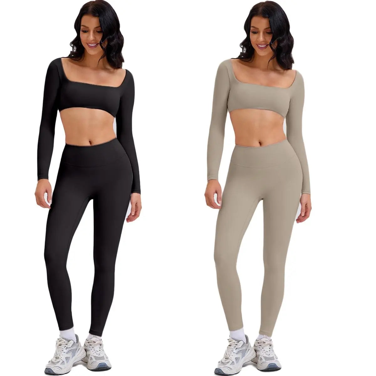 Highly Elastic 2 Piece Workout Sets for Women Long Sleeve Crop Tops & High Waist Flared Leggings Gym Yoga Outfits in Pink Black Beige Green Textured Sweatsuit Breathable Activewear Compression Clothing