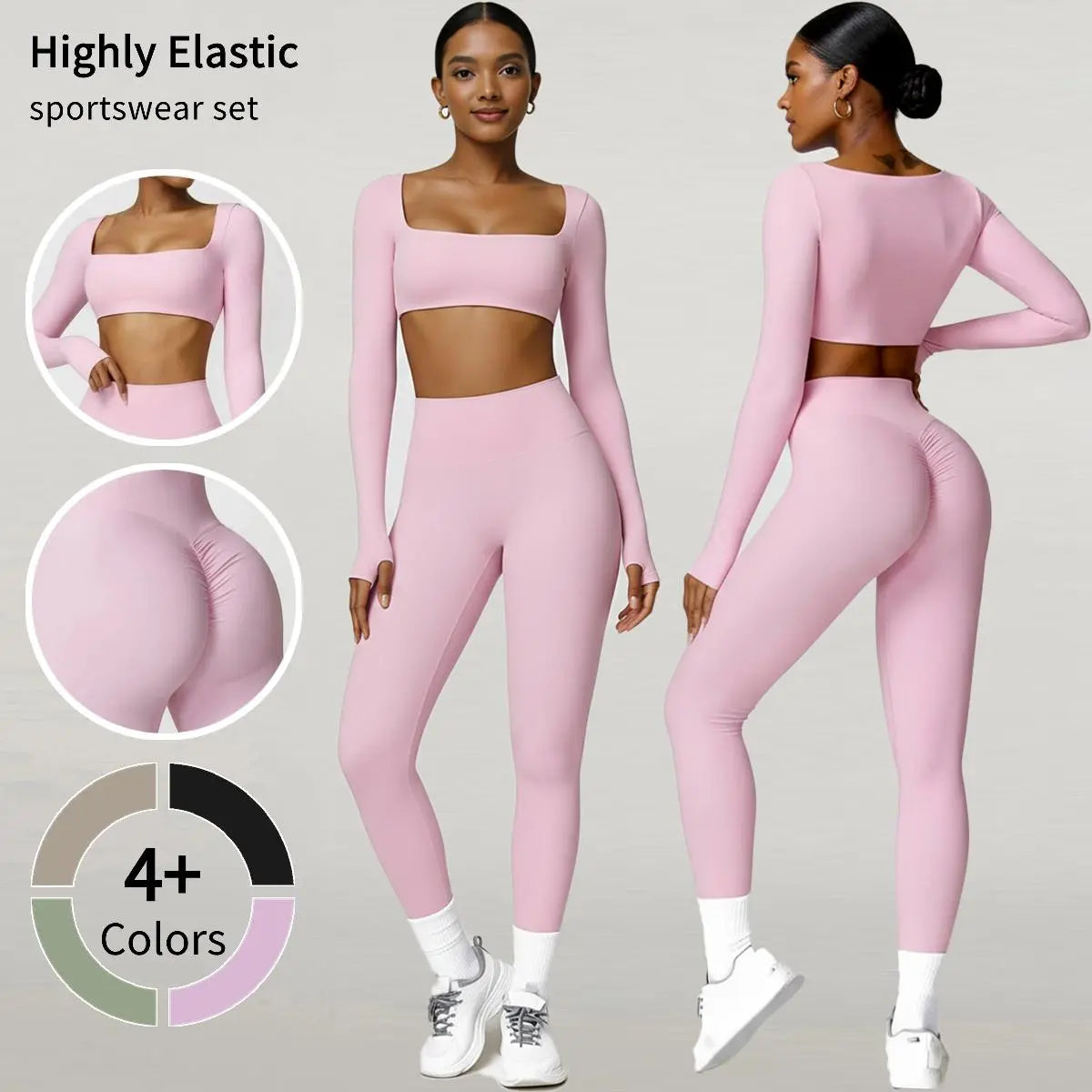 Highly Elastic 2 Piece Workout Sets for Women Long Sleeve Crop Tops & High Waist Flared Leggings Gym Yoga Outfits in Pink Black Beige Green Textured Sweatsuit Breathable Activewear Compression Clothing