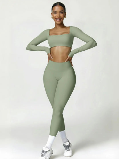 Highly Elastic 2 Piece Workout Sets for Women Long Sleeve Crop Tops & High Waist Flared Leggings Gym Yoga Outfits in Pink Black Beige Green Textured Sweatsuit Breathable Activewear Compression Clothing