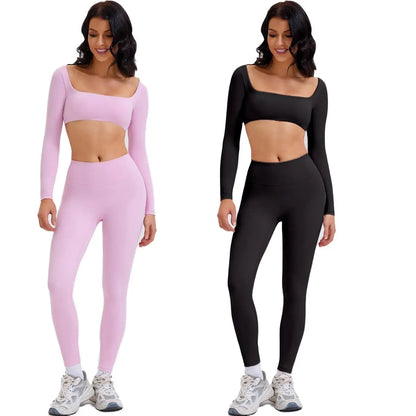 Highly Elastic 2 Piece Workout Sets for Women Long Sleeve Crop Tops & High Waist Flared Leggings Gym Yoga Outfits in Pink Black Beige Green Textured Sweatsuit Breathable Activewear Compression Clothing