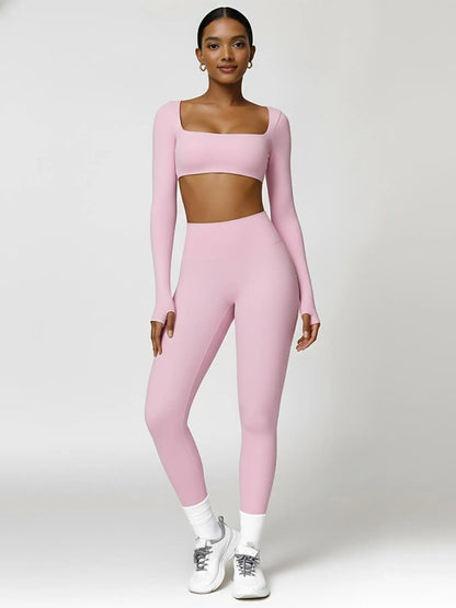 Highly Elastic 2 Piece Workout Sets for Women Long Sleeve Crop Tops & High Waist Flared Leggings Gym Yoga Outfits in Pink Black Beige Green Textured Sweatsuit Breathable Activewear Compression Clothing