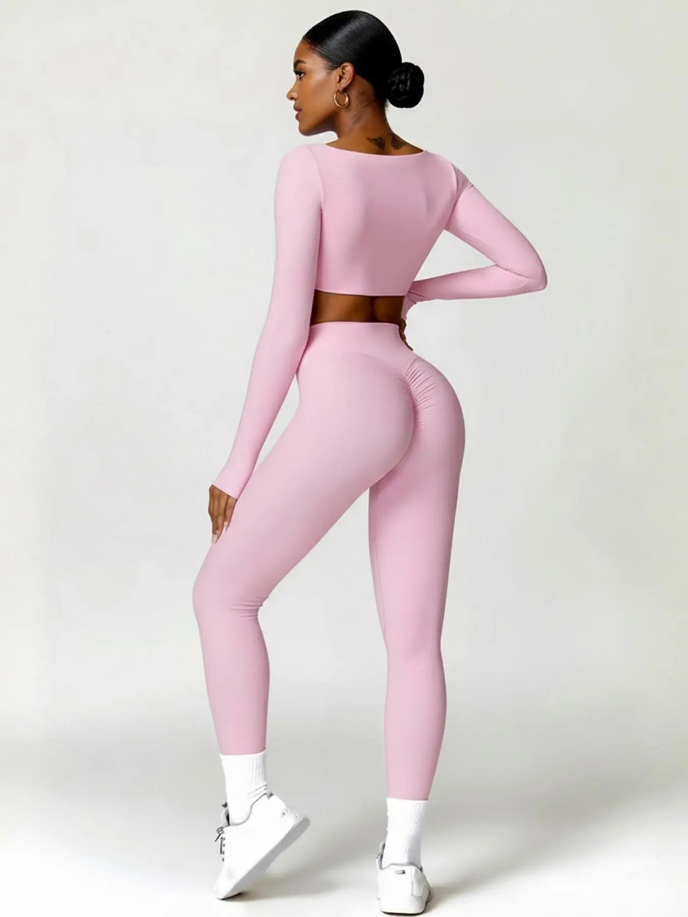 Highly Elastic 2 Piece Workout Sets for Women Long Sleeve Crop Tops & High Waist Flared Leggings Gym Yoga Outfits in Pink Black Beige Green Textured Sweatsuit Breathable Activewear Compression Clothing