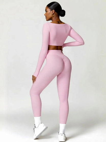 Highly Elastic 2 Piece Workout Sets for Women Long Sleeve Crop Tops & High Waist Flared Leggings Gym Yoga Outfits in Pink Black Beige Green Textured Sweatsuit Breathable Activewear Compression Clothing