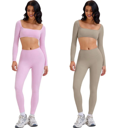Highly Elastic 2 Piece Workout Sets for Women Long Sleeve Crop Tops & High Waist Flared Leggings Gym Yoga Outfits in Pink Black Beige Green Textured Sweatsuit Breathable Activewear Compression Clothing