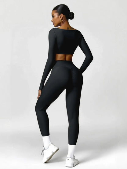 Highly Elastic 2 Piece Workout Sets for Women Long Sleeve Crop Tops & High Waist Flared Leggings Gym Yoga Outfits in Pink Black Beige Green Textured Sweatsuit Breathable Activewear Compression Clothing