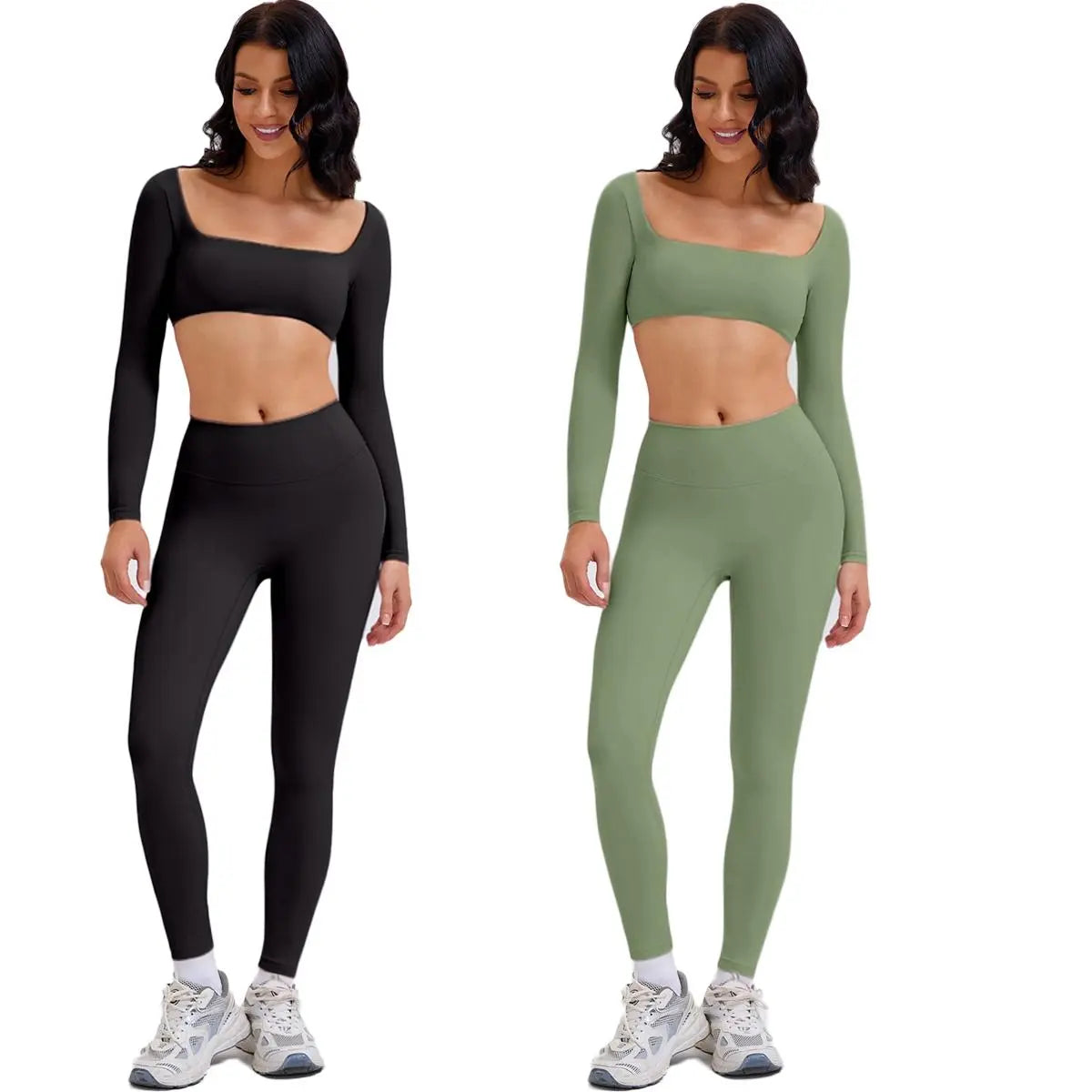 Highly Elastic 2 Piece Workout Sets for Women Long Sleeve Crop Tops & High Waist Flared Leggings Gym Yoga Outfits in Pink Black Beige Green Textured Sweatsuit Breathable Activewear Compression Clothing