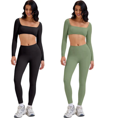 Highly Elastic 2 Piece Workout Sets for Women Long Sleeve Crop Tops & High Waist Flared Leggings Gym Yoga Outfits in Pink Black Beige Green Textured Sweatsuit Breathable Activewear Compression Clothing
