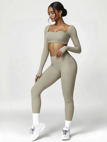 Highly Elastic 2 Piece Workout Sets for Women Long Sleeve Crop Tops & High Waist Flared Leggings Gym Yoga Outfits in Pink Black Beige Green Textured Sweatsuit Breathable Activewear Compression Clothing