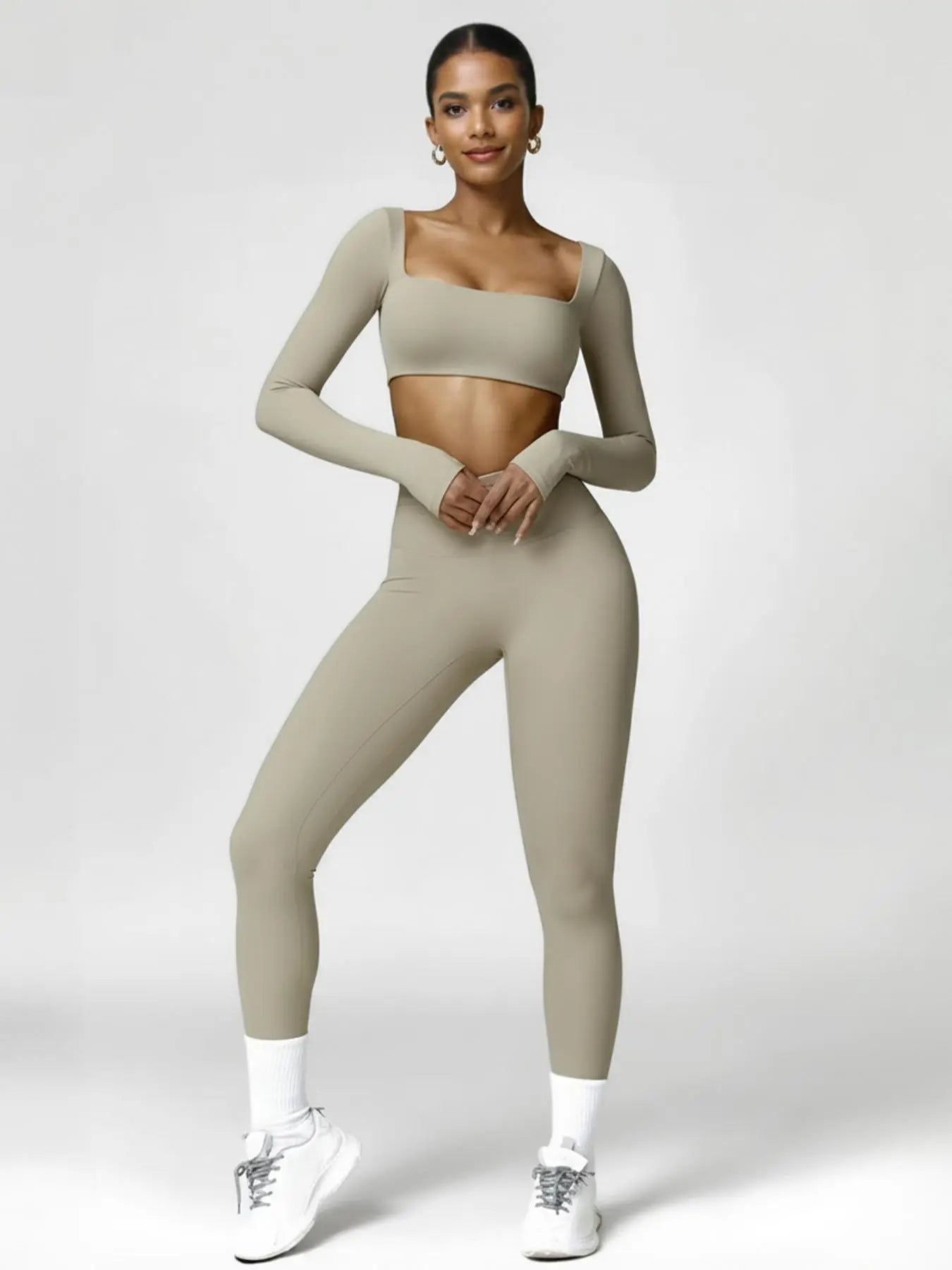 Highly Elastic 2 Piece Workout Sets for Women Long Sleeve Crop Tops & High Waist Flared Leggings Gym Yoga Outfits in Pink Black Beige Green Textured Sweatsuit Breathable Activewear Compression Clothing