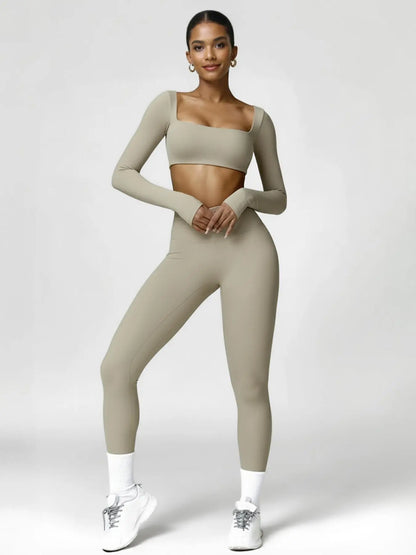 Highly Elastic 2 Piece Workout Sets for Women Long Sleeve Crop Tops & High Waist Flared Leggings Gym Yoga Outfits in Pink Black Beige Green Textured Sweatsuit Breathable Activewear Compression Clothing