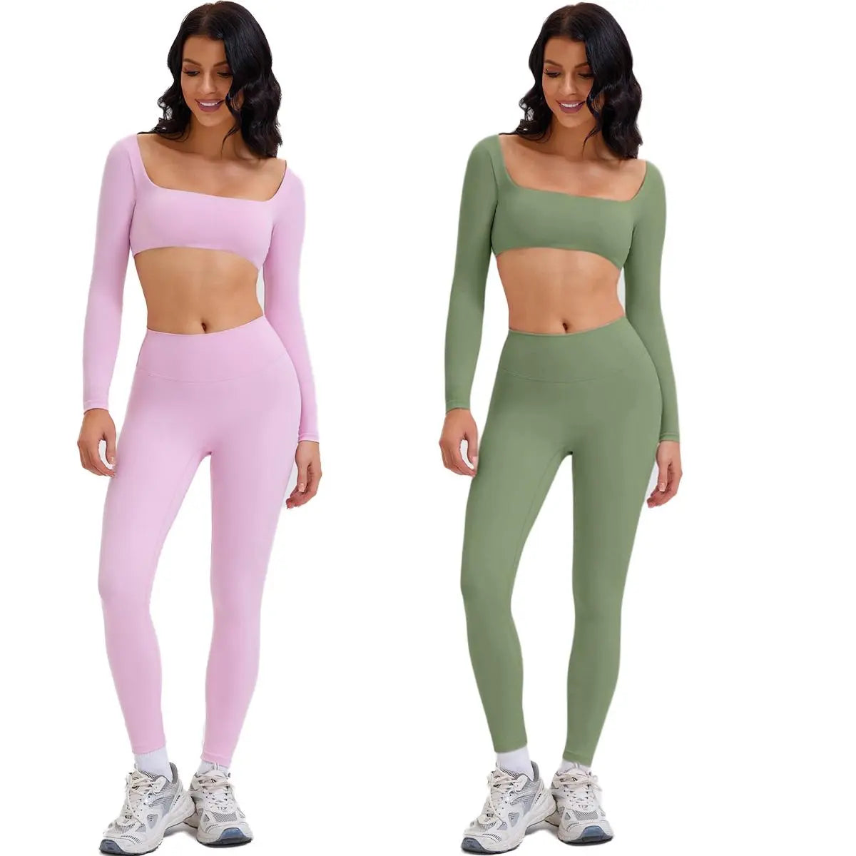 Highly Elastic 2 Piece Workout Sets for Women Long Sleeve Crop Tops & High Waist Flared Leggings Gym Yoga Outfits in Pink Black Beige Green Textured Sweatsuit Breathable Activewear Compression Clothing